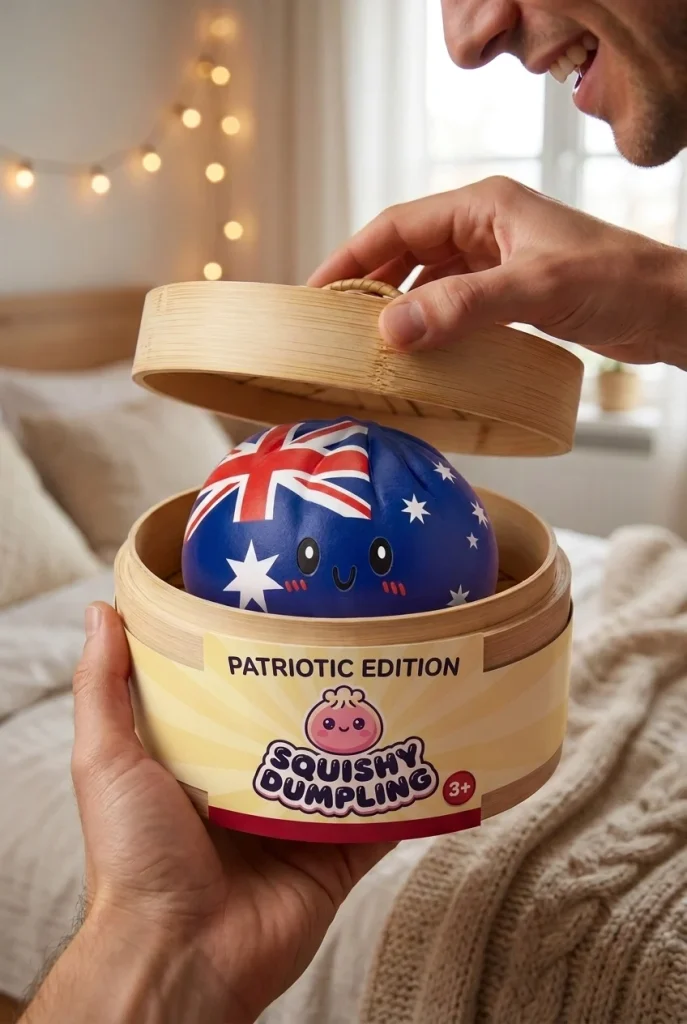 Flag Squishy Dumpling Australië tijdens het uitpakken