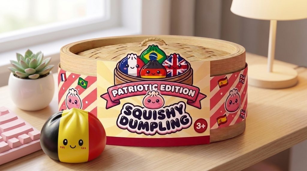 Squishy Dumpling Flag België in Rood-Zwart-Geel in zijn kawaii omgeving