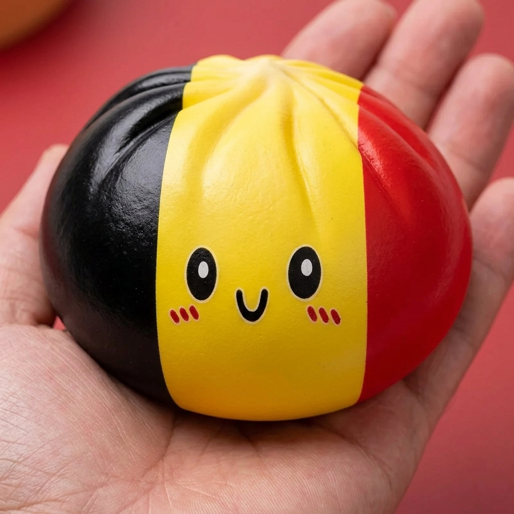 Squishy Dumpling Flag België in Rood-Zwart-Geel in de hand gehouden, echte grootte