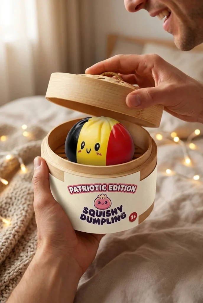Squishy Dumpling Flag België in Rood-Zwart-Geel tijdens het uitpakken