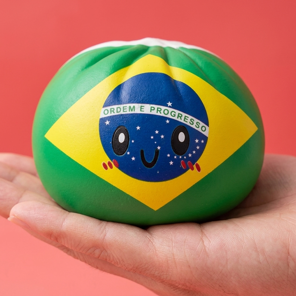 Dumpling Squishy Flag Brazilië in de hand gehouden, echte grootte