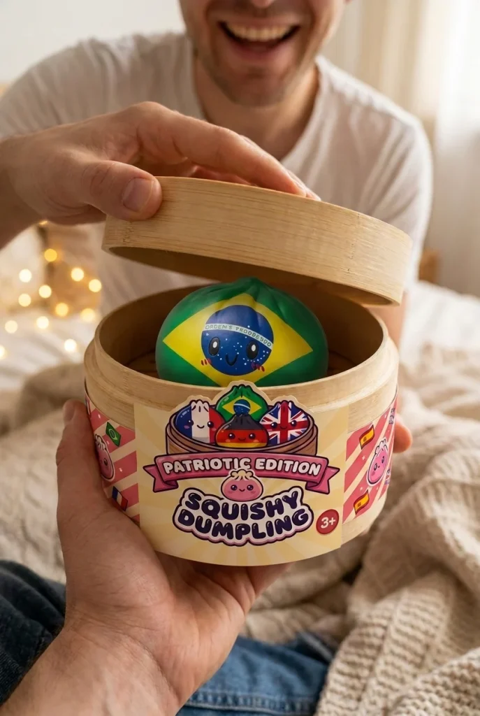 Dumpling Squishy Flag Brazilië tijdens het uitpakken