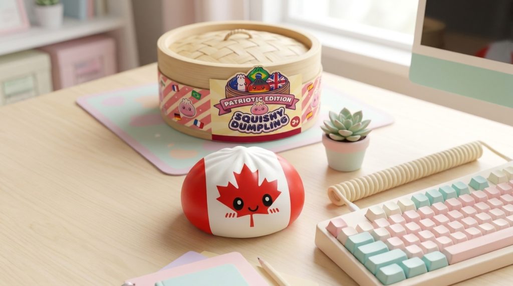 Flag Squishy Dumpling Canada met Bamboe Stoommandje in zijn kawaii omgeving