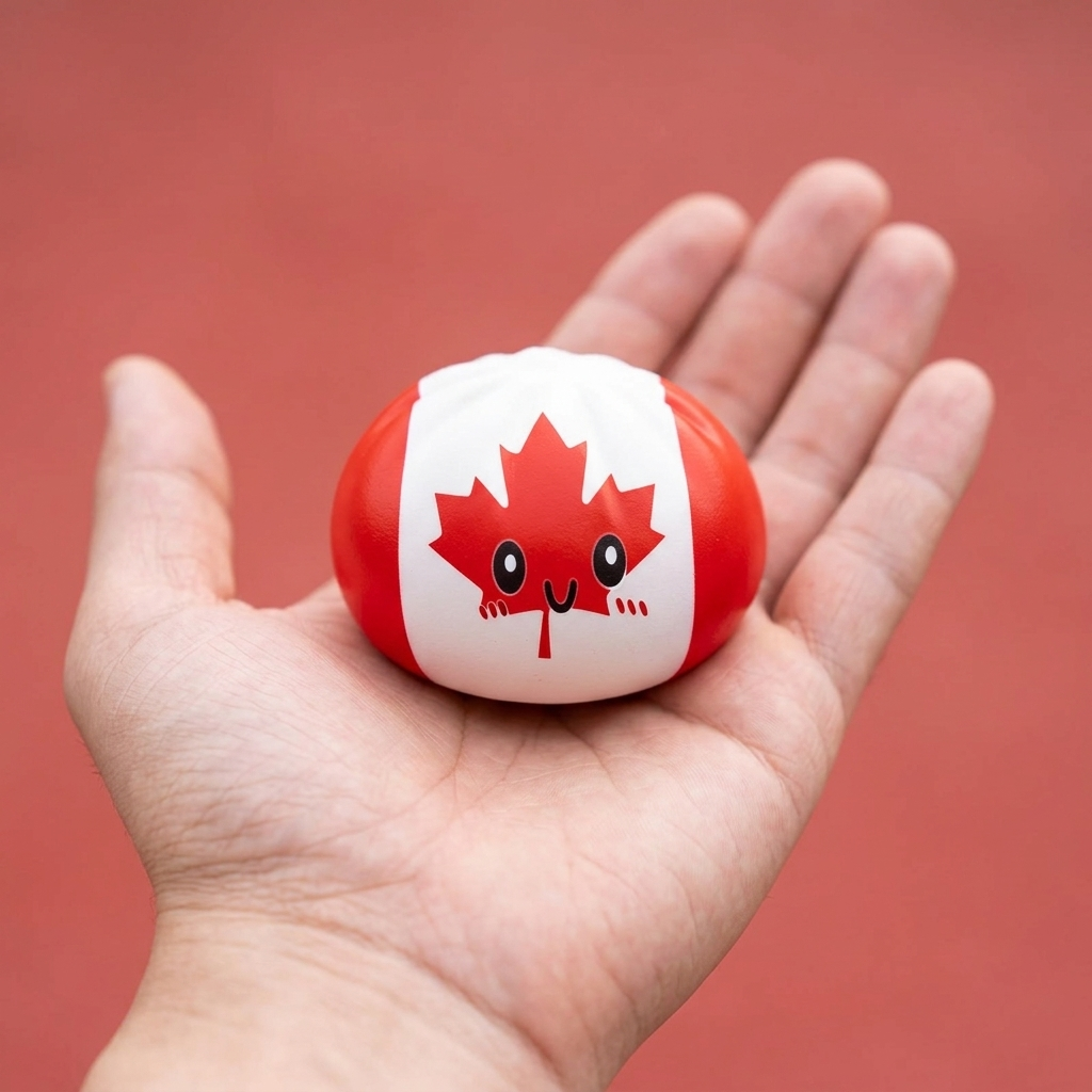 Flag Squishy Dumpling Canada met Bamboe Stoommandje in de hand gehouden, echte grootte