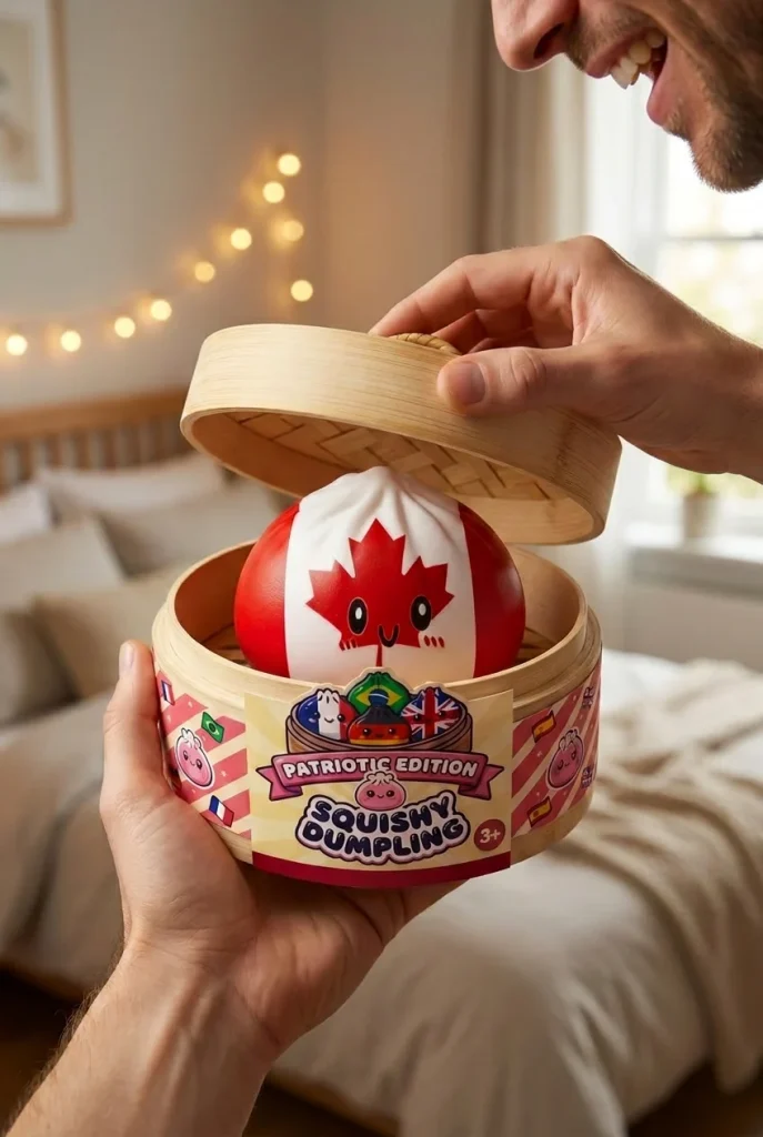 Flag Squishy Dumpling Canada met Bamboe Stoommandje tijdens het uitpakken