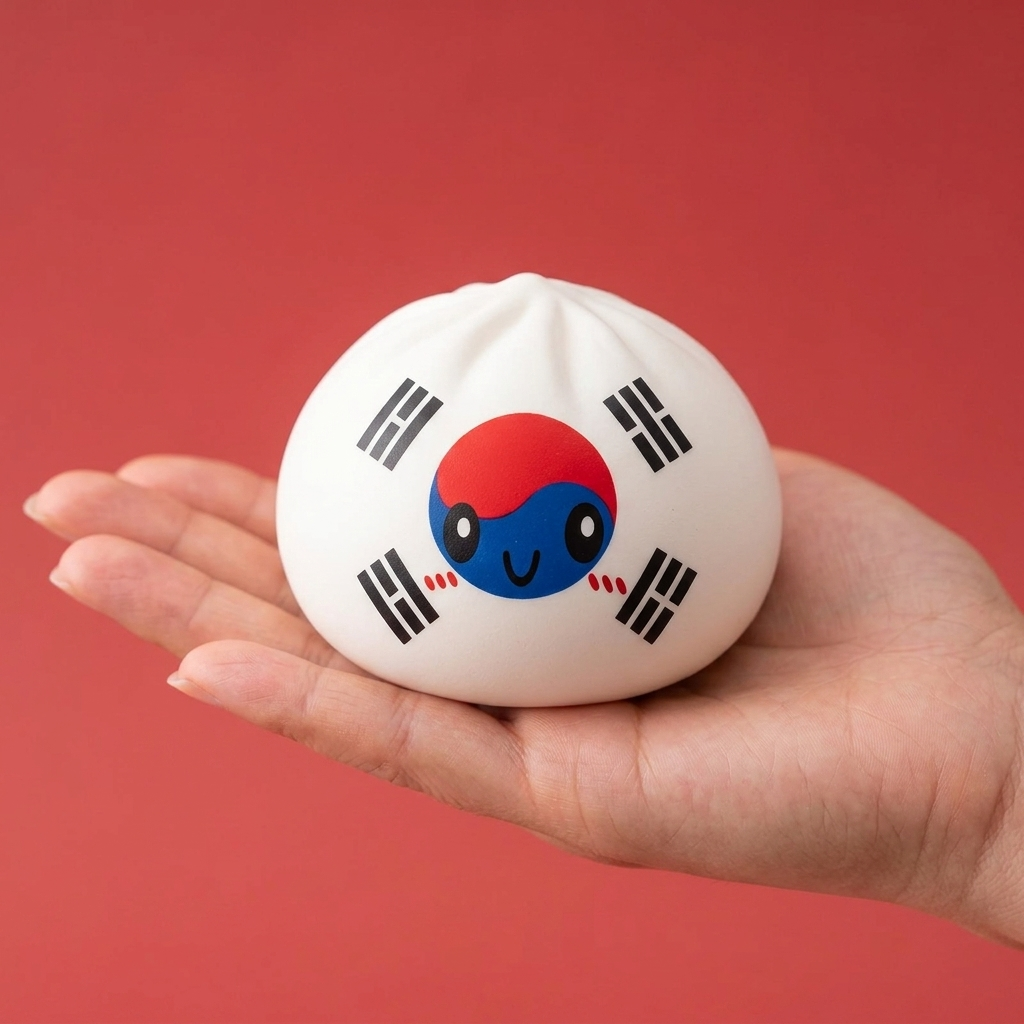 Flag Dumpling Squishy Zuid-Korea in de hand gehouden, echte grootte