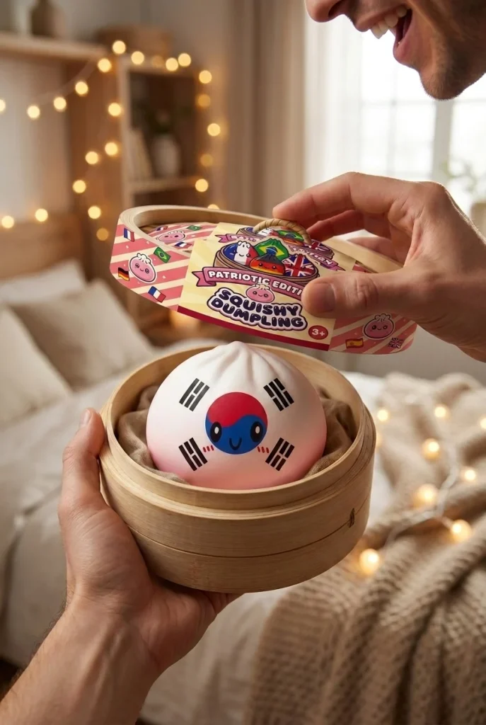 Flag Dumpling Squishy Zuid-Korea tijdens het uitpakken