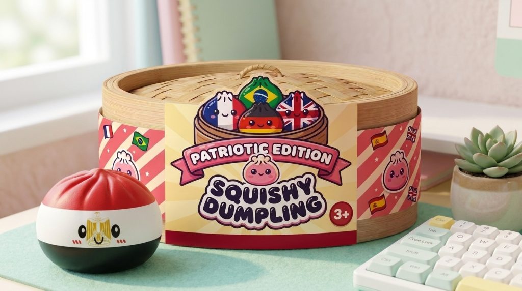 Flag Dumpling Squishy Egypte – Rood, Wit, Zwart in zijn kawaii omgeving