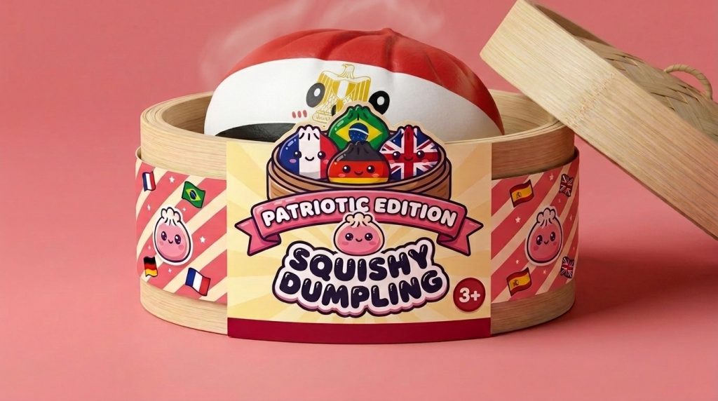 Flag Dumpling Squishy Egypte – Rood, Wit, Zwart in het bamboe stoommandje