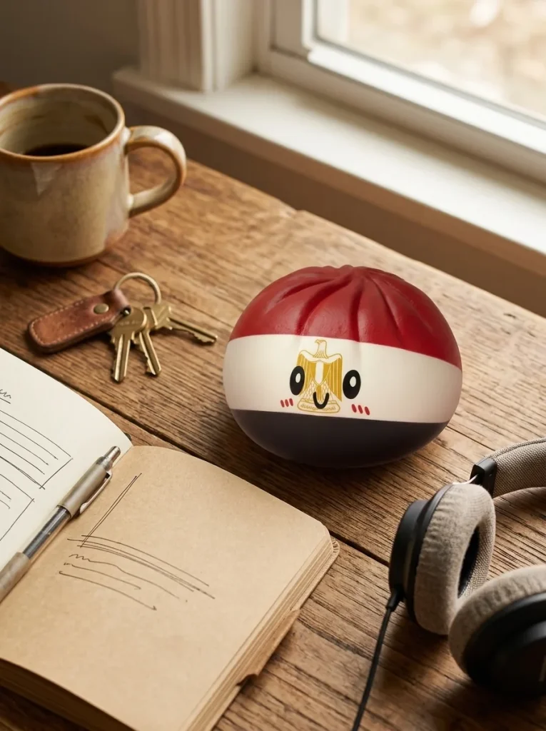 Flag Dumpling Squishy Egypte – Rood, Wit, Zwart op het bureau
