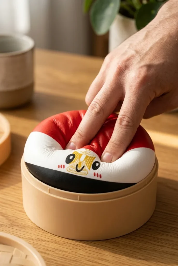 Flag Dumpling Squishy Egypte – Rood, Wit, Zwart tijdens het knijpen