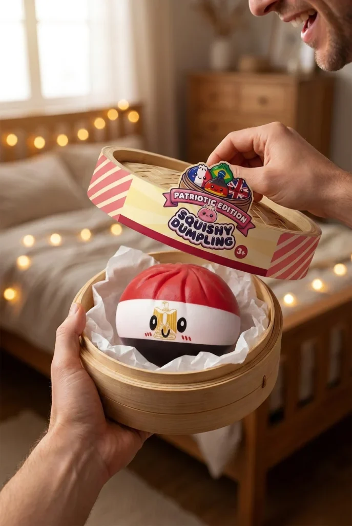 Flag Dumpling Squishy Egypte – Rood, Wit, Zwart tijdens het uitpakken