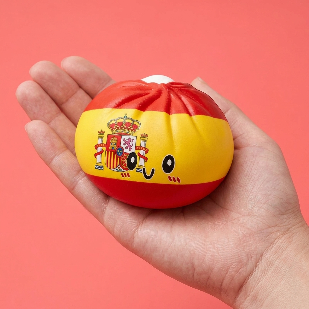 Squishy Flag Dumpling Spanje in de hand gehouden, echte grootte