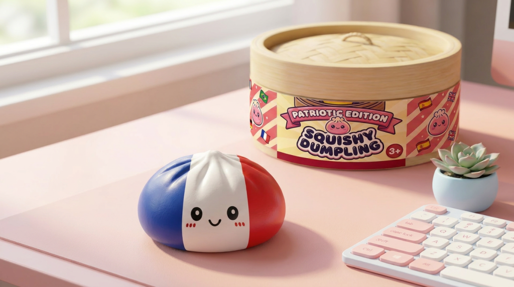 France Flag Squishy Dumpling – Blauw Wit Rood in zijn kawaii omgeving