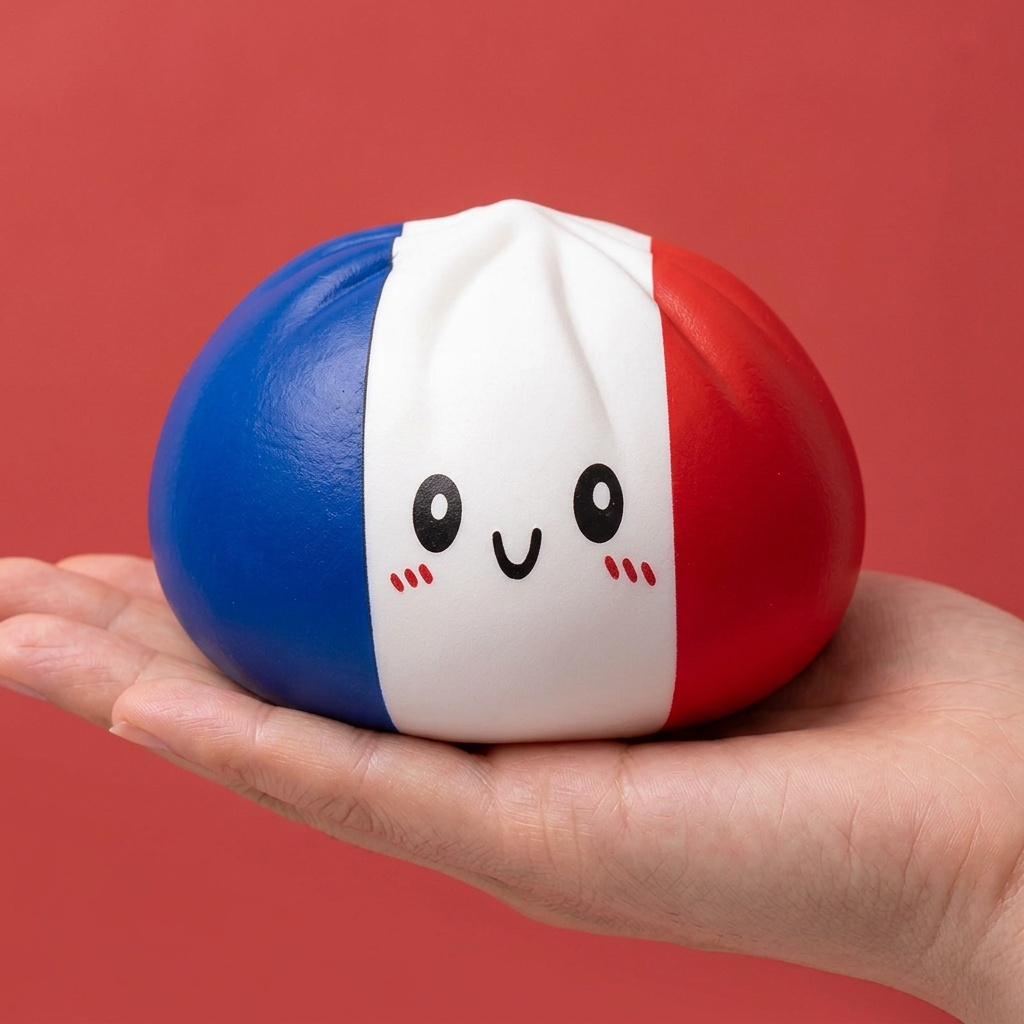 France Flag Squishy Dumpling – Blauw Wit Rood in de hand gehouden, echte grootte