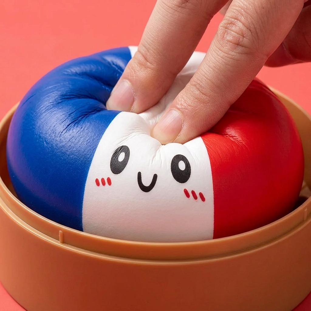 France Flag Squishy Dumpling – Blauw Wit Rood tijdens het knijpen, zacht materiaal