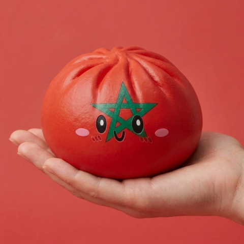 Flag Squishy Dumpling Marokko in de hand gehouden, echte grootte