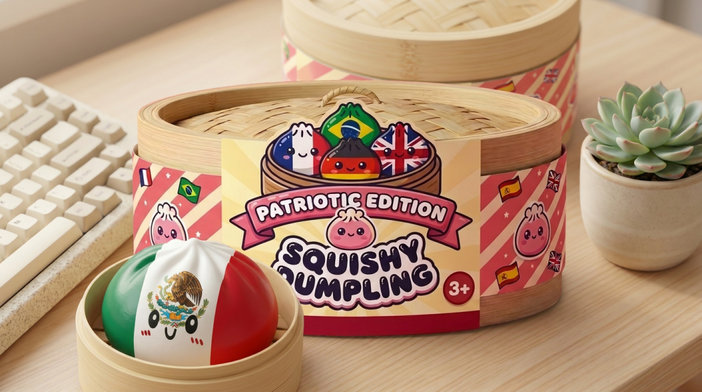 Flag Squishy Dumpling Mexico met Bamboe Stoomkorfje in zijn kawaii omgeving