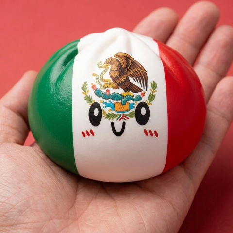 Flag Squishy Dumpling Mexico met Bamboe Stoomkorfje in de hand gehouden, echte grootte
