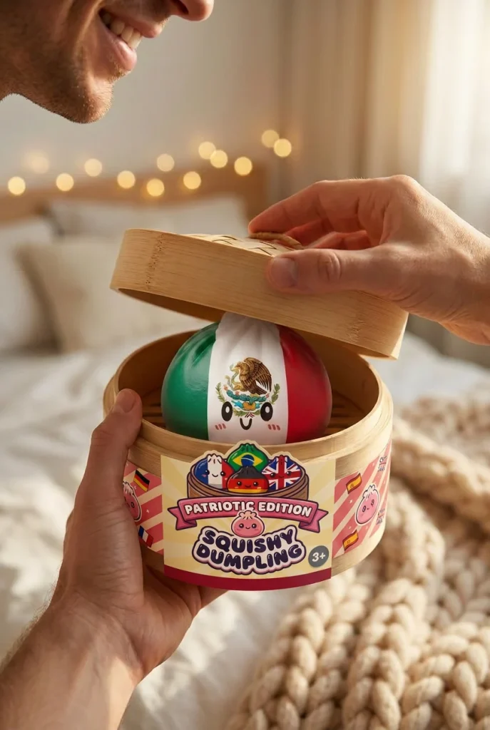 Flag Squishy Dumpling Mexico met Bamboe Stoomkorfje tijdens het uitpakken