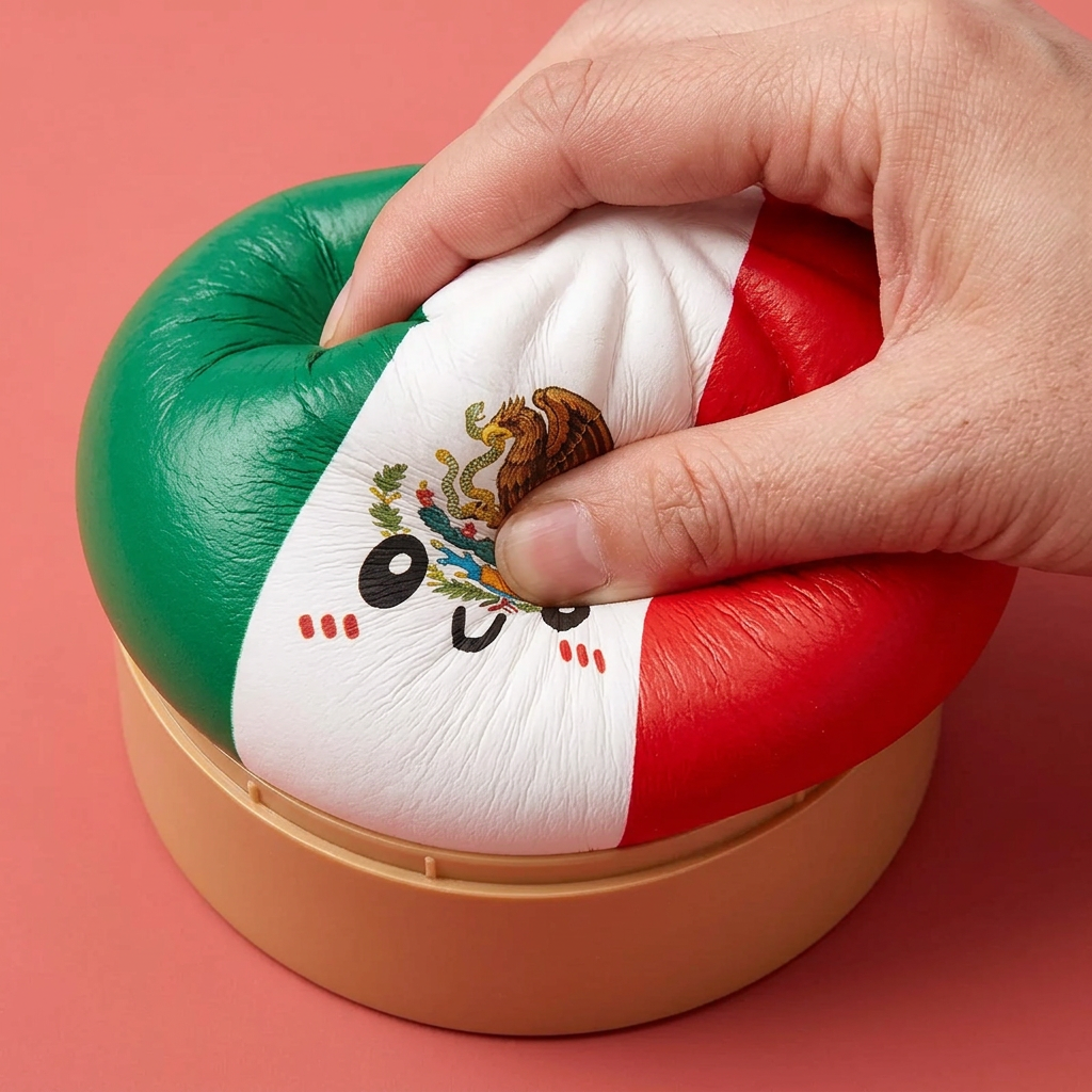 Flag Squishy Dumpling Mexico met Bamboe Stoomkorfje — slow-rise effect, het schuim vert langzaam terug
