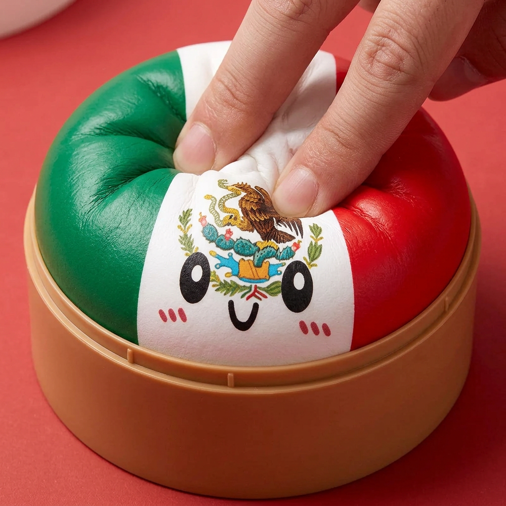 Flag Squishy Dumpling Mexico met Bamboe Stoomkorfje tijdens het knijpen, zacht materiaal