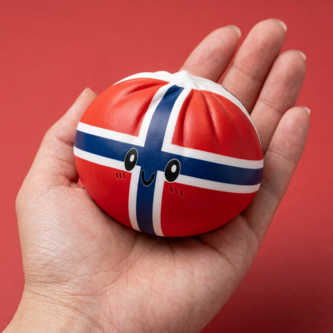 Flag Squishy Dumpling Noorwegen in de hand gehouden, echte grootte