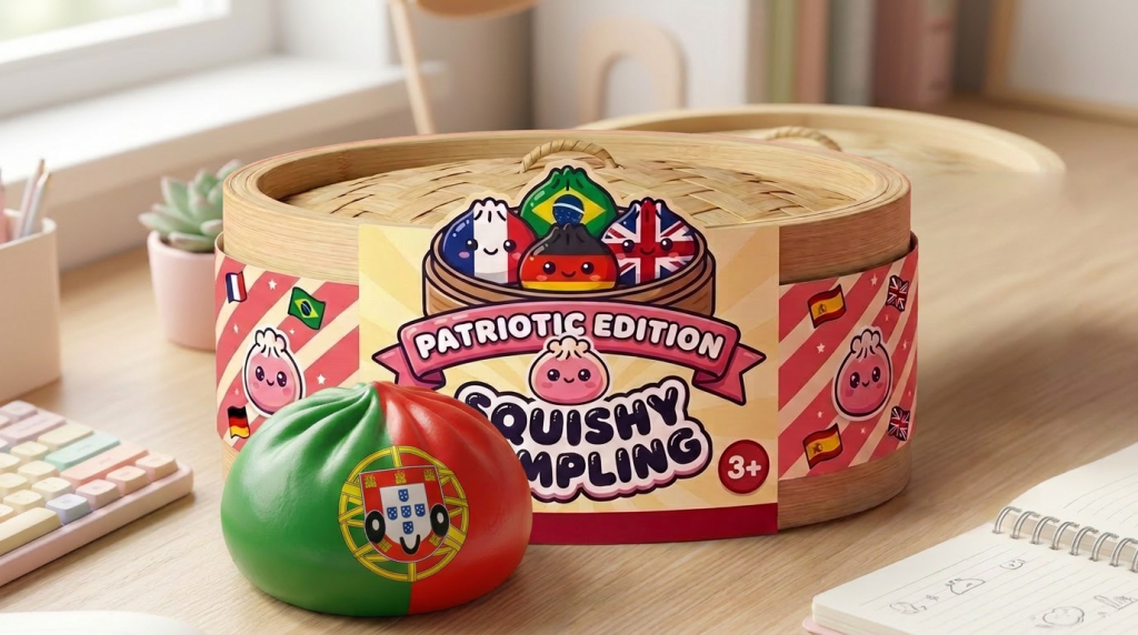 Squishy Dumpling Portugal met Bamboe Mandje in zijn kawaii omgeving
