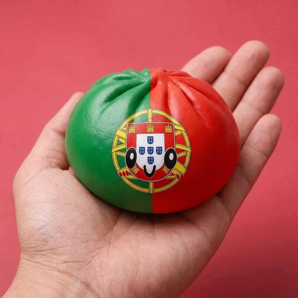 Squishy Dumpling Portugal met Bamboe Mandje in de hand gehouden, echte grootte