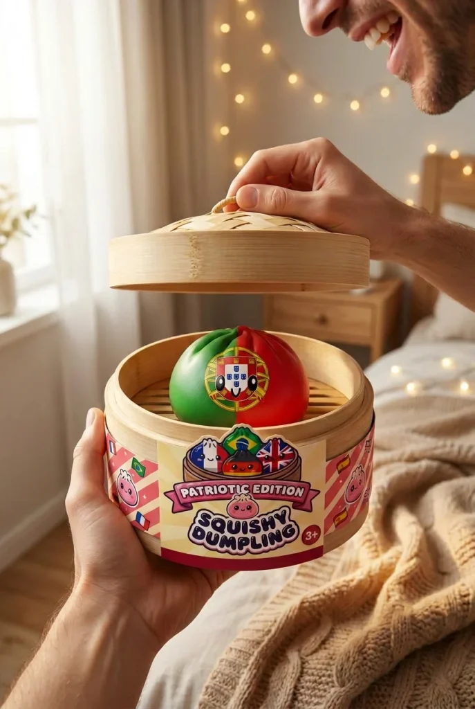 Squishy Dumpling Portugal met Bamboe Mandje tijdens het uitpakken
