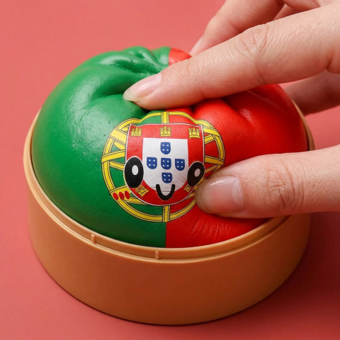 Squishy Dumpling Portugal met Bamboe Mandje tijdens het knijpen, zacht materiaal