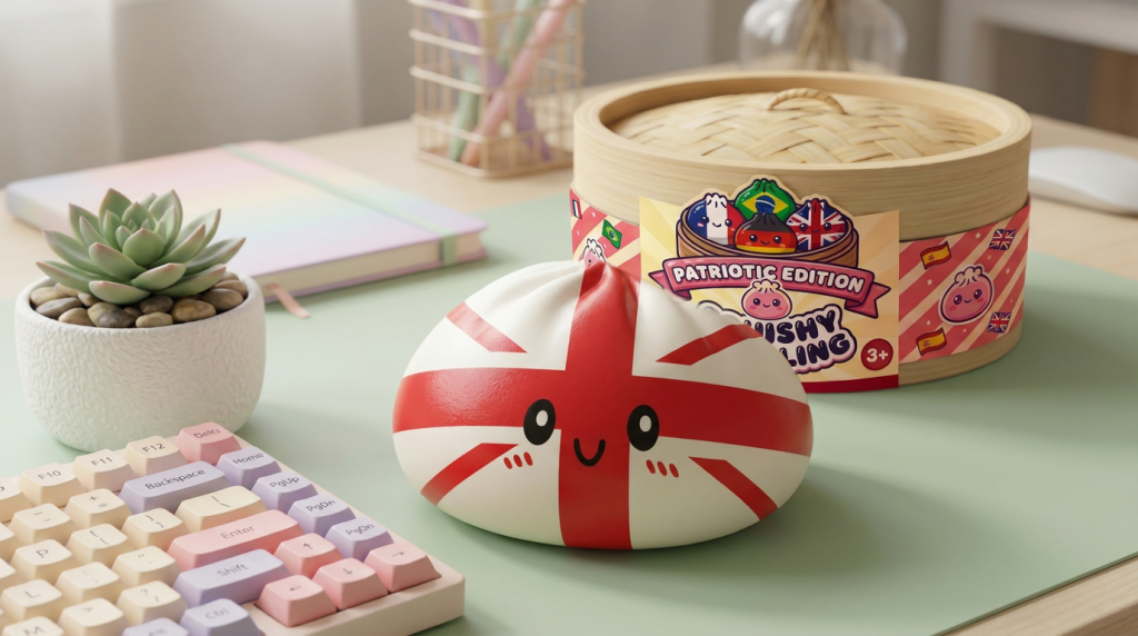 Flag Squishy Toy UK Dumpling in zijn kawaii omgeving