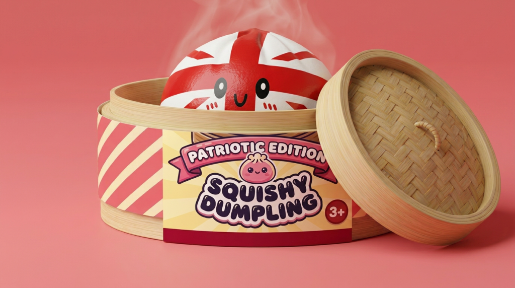 Flag Squishy Toy UK Dumpling in het bamboe stoommandje