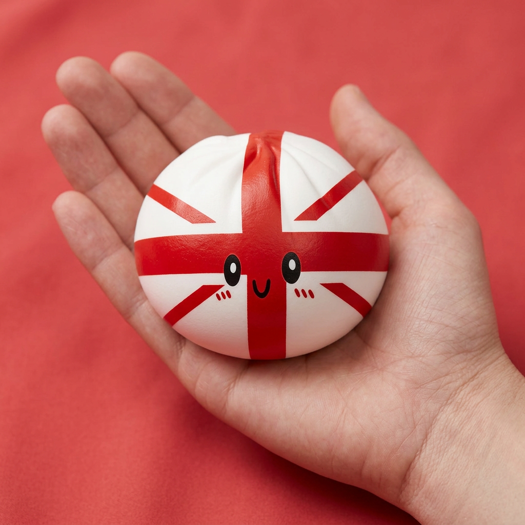 Flag Squishy Toy UK Dumpling in de hand gehouden, echte grootte