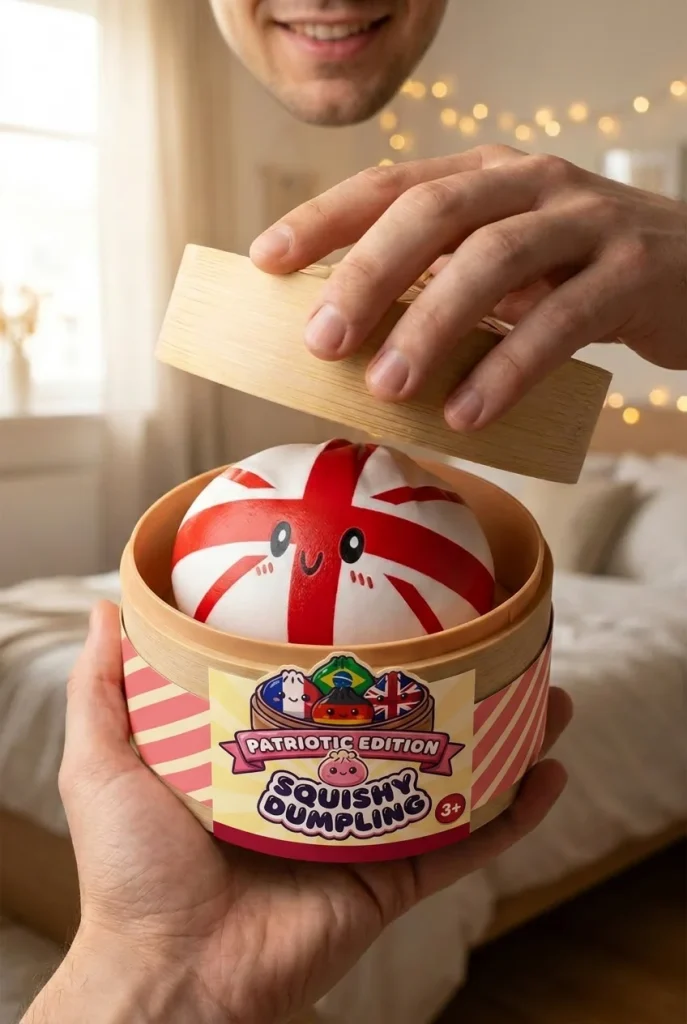 Flag Squishy Toy UK Dumpling tijdens het uitpakken