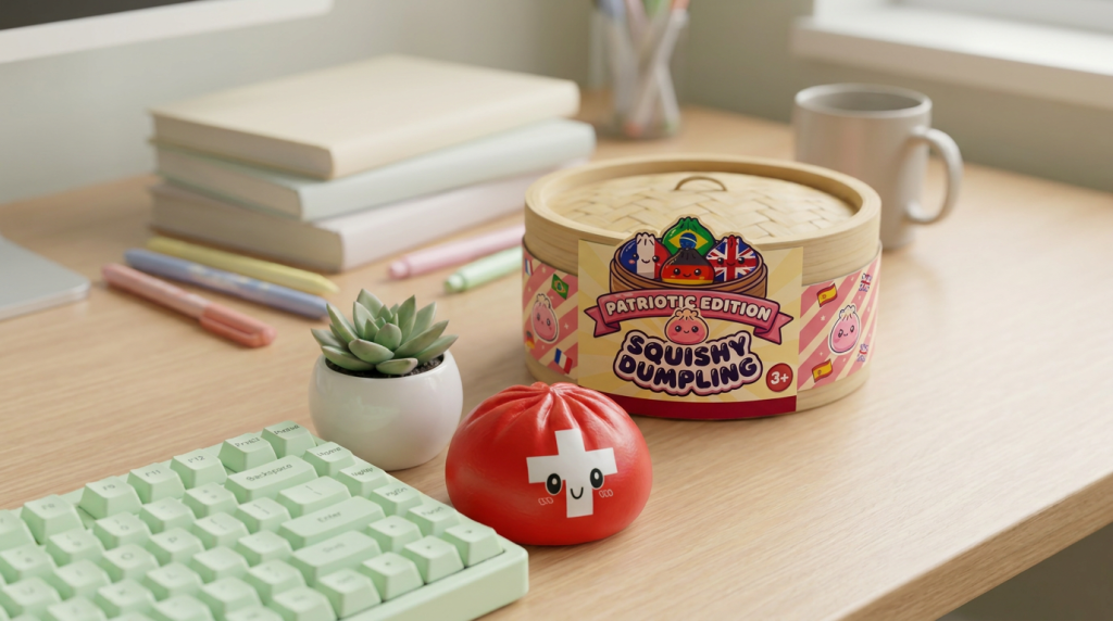 Flag Squishy Toy Zwitserland Dumpling in zijn kawaii omgeving