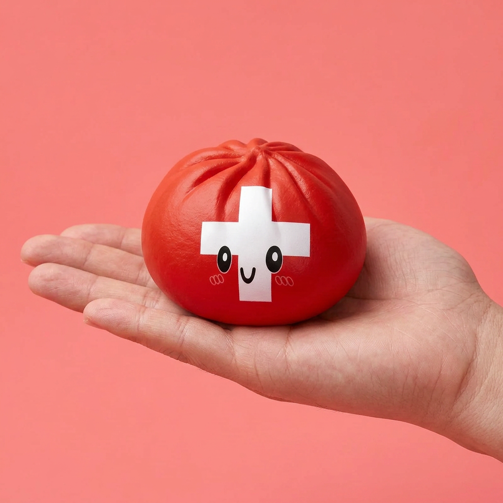 Flag Squishy Toy Zwitserland Dumpling in de hand gehouden, echte grootte