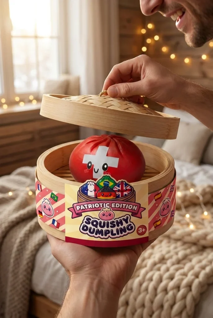 Flag Squishy Toy Zwitserland Dumpling tijdens het uitpakken