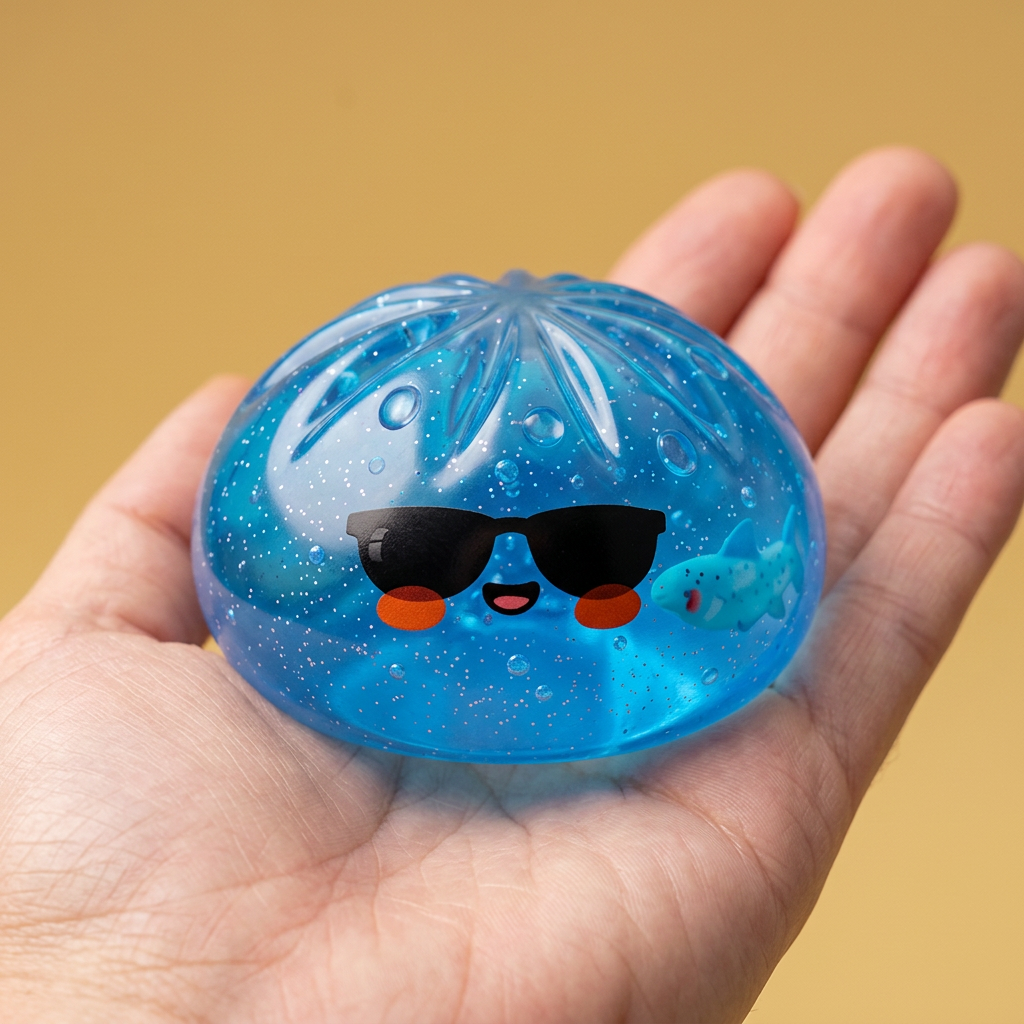 Dumpling Squishy Zonnebril – Stoere Editie in de hand gehouden, echte grootte