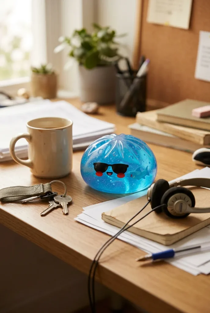 Dumpling Squishy Zonnebril – Stoere Editie op het bureau