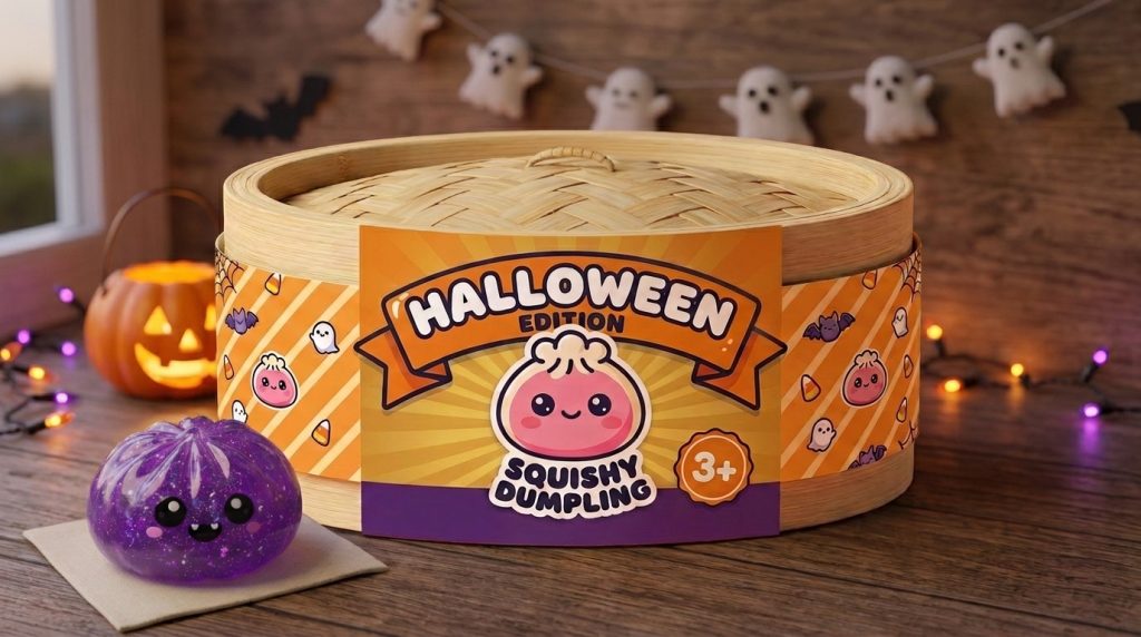 Dumpling Squishy Vampire Halloween Glitter Paars in zijn kawaii omgeving