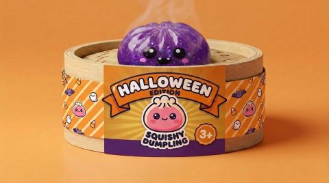 Dumpling Squishy Vampire Halloween Glitter Paars in het bamboe stoommandje