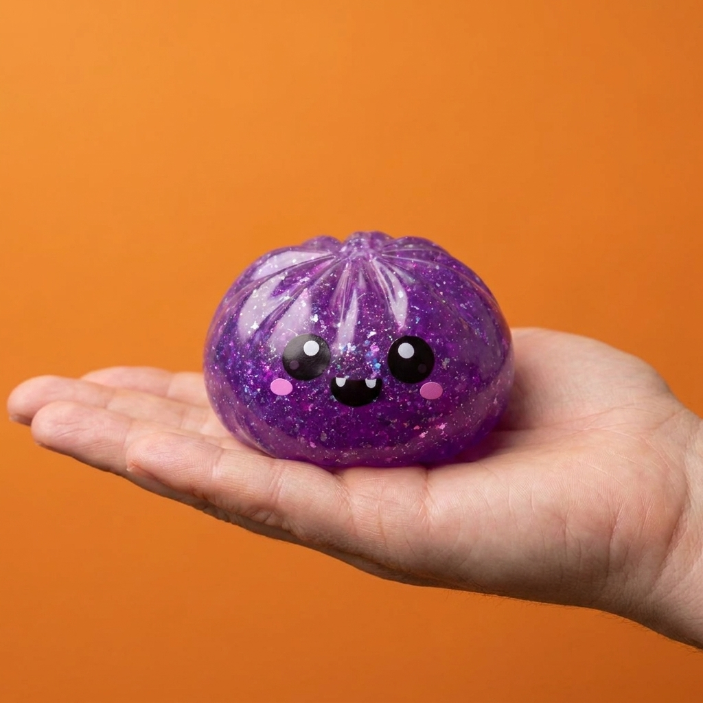Dumpling Squishy Vampire Halloween Glitter Paars in de hand gehouden, echte grootte
