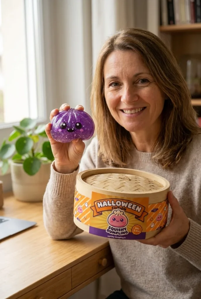Dumpling Squishy Vampire Halloween Glitter Paars met zijn doos