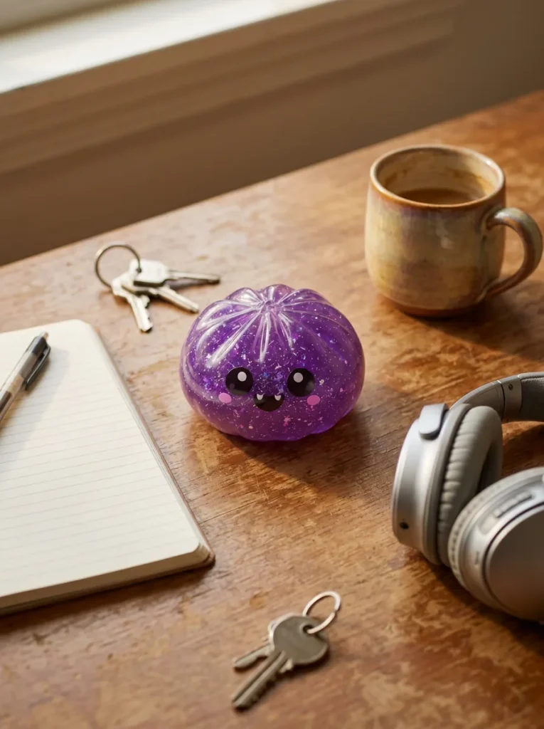 Dumpling Squishy Vampire Halloween Glitter Paars op het bureau