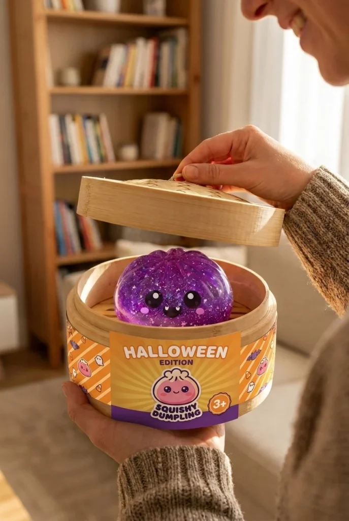 Dumpling Squishy Vampire Halloween Glitter Paars tijdens het uitpakken