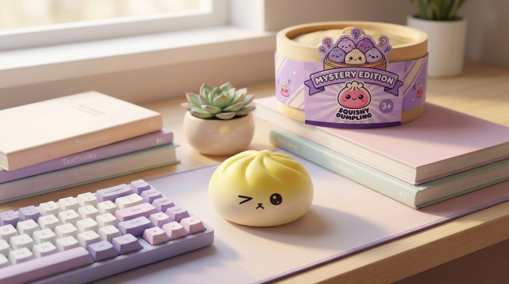 Mystery Dumpling Squishy met Bamboe Stoommandje in zijn kawaii omgeving