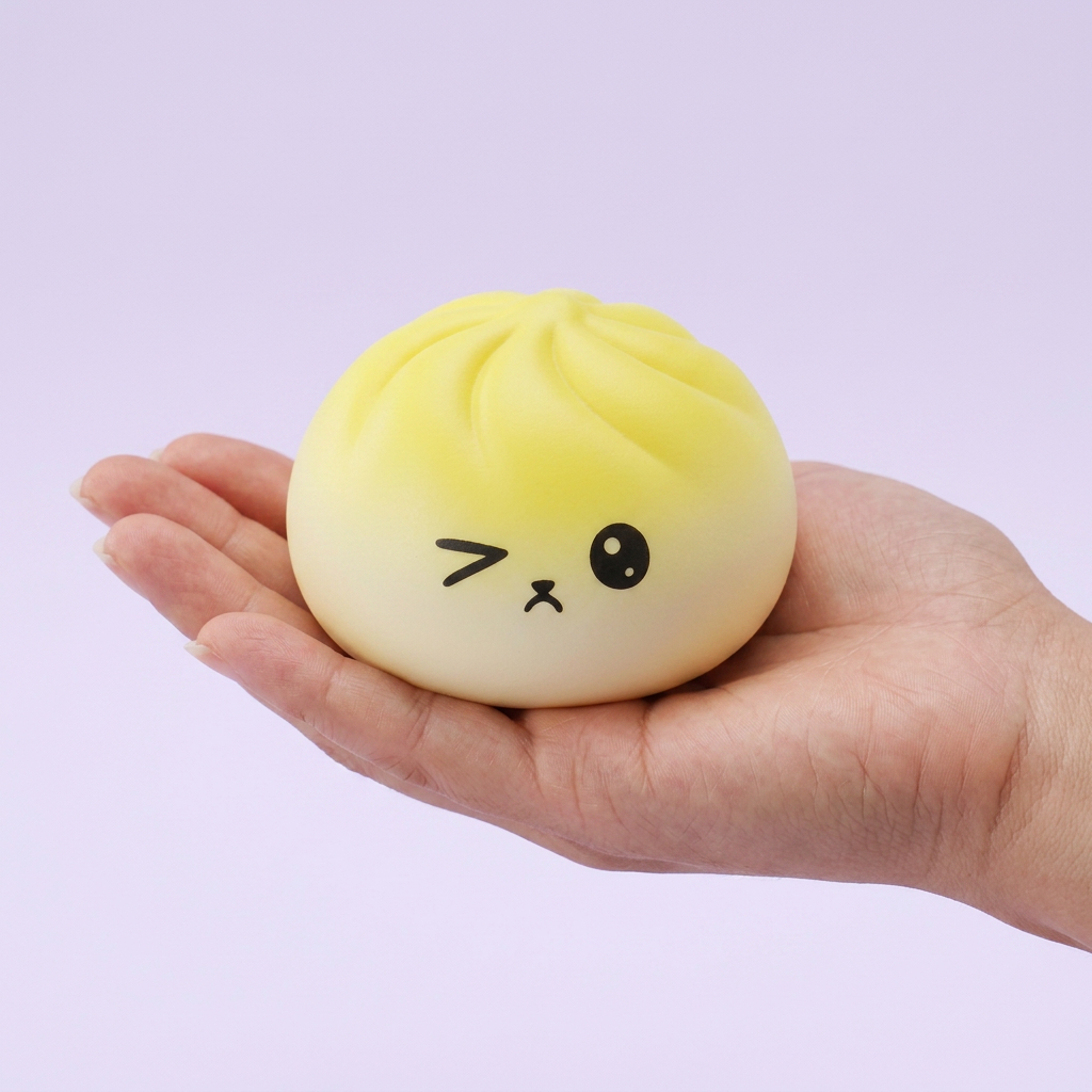 Mystery Dumpling Squishy met Bamboe Stoommandje in de hand gehouden, echte grootte