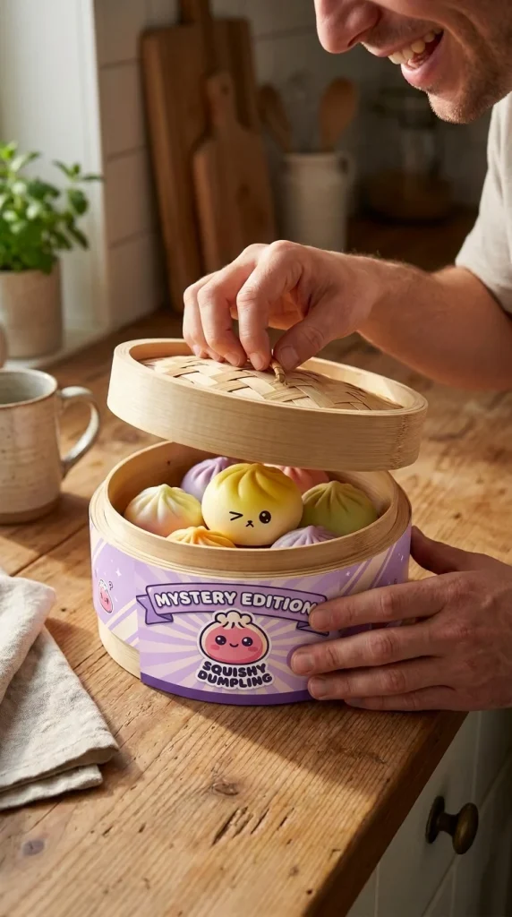 Mystery Dumpling Squishy met Bamboe Stoommandje tijdens het uitpakken