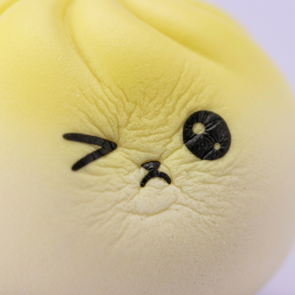Mystery Dumpling Squishy met Bamboe Stoommandje — macro-close-up van de textuur